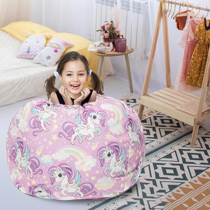 Stuffed Animal Storage Bean Bag Chair Cover, Hold Kids Plush Toys Blankets Towels Beanbag (Cover Only), Canvas Floor Circle Stuff Sit Seat Sofa with YKK Zipper, Extra Large 38", Unicorn - LeafyLoom
