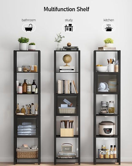 TUTOTAK 6 Tier Bookcase and Bookshelf, Narrow Book shelf with Door for Small Space, for Living Room, Office, Study, Entryway, Black BS03BK006 - LeafyLoom
