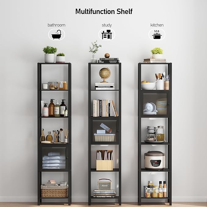 TUTOTAK 6 Tier Bookcase and Bookshelf, Narrow Book shelf with Door for Small Space, for Living Room, Office, Study, Entryway, Black BS03BK006 - LeafyLoom