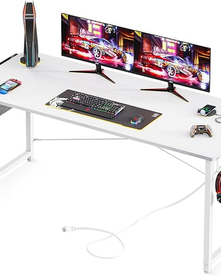 AODK 63 inch Small Computer Desk with Power Outlet for Small Spaces Home Office Student Laptop PC Writing Desks with Storage Bag Headphone Hook, White - LeafyLoom