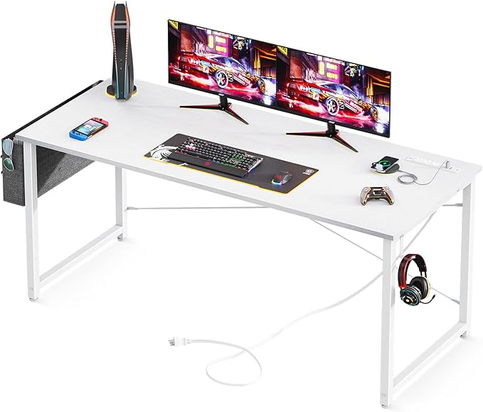 AODK 63 inch Small Computer Desk with Power Outlet for Small Spaces Home Office Student Laptop PC Writing Desks with Storage Bag Headphone Hook, White - LeafyLoom