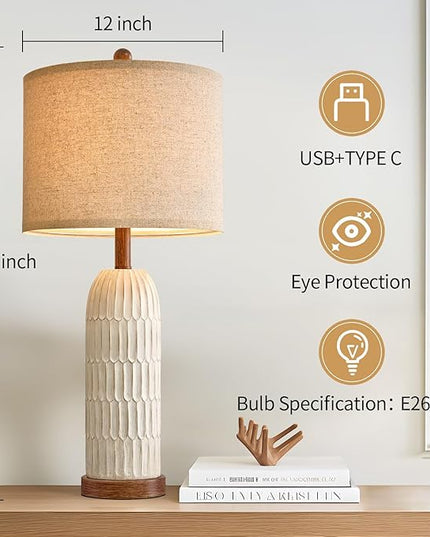 OYEARS 26.5" Table Lamp for Living Room，Bedroom Lamp with USB A+C Charging Ports,Modern Farmhouse Bedside Lamps for Night Stands,Brown and White(1 Pack) - LeafyLoom