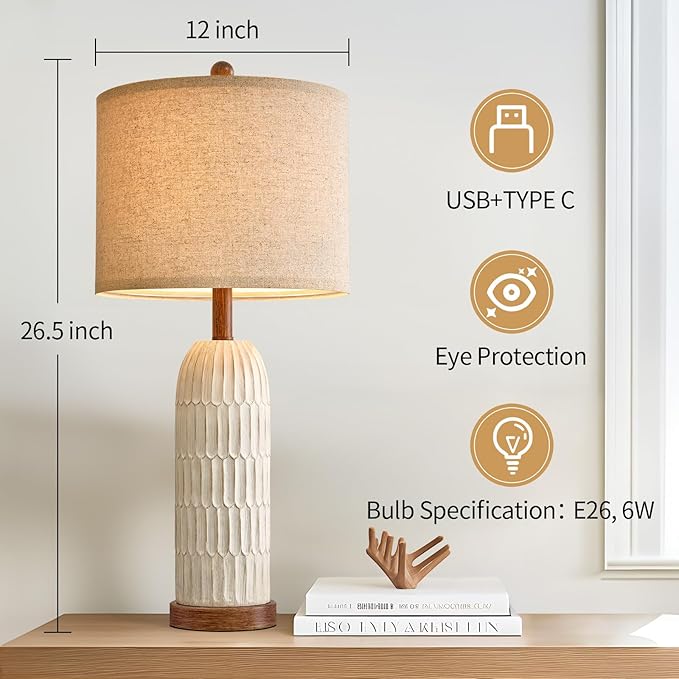 OYEARS 26.5" Table Lamp for Living Room，Bedroom Lamp with USB A+C Charging Ports,Modern Farmhouse Bedside Lamps for Night Stands,Brown and White(1 Pack) - LeafyLoom