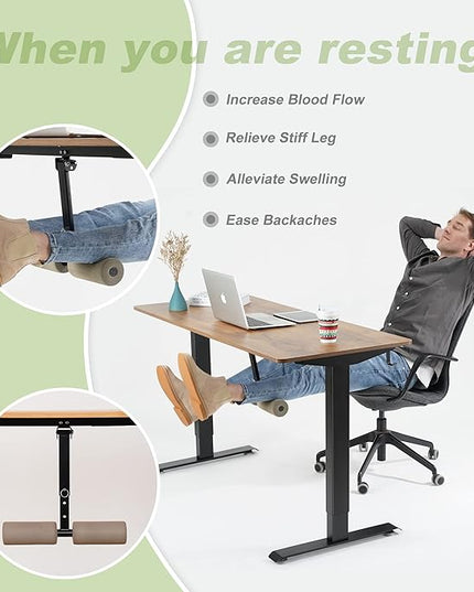 FAMISKY 55 Inch Height Adjustable Standing Desk with Foot Rest, Sit Stand Home Office Desk with Hooks, Ergonomic Workstation Black Steel Frame/Black Wood Top - LeafyLoom