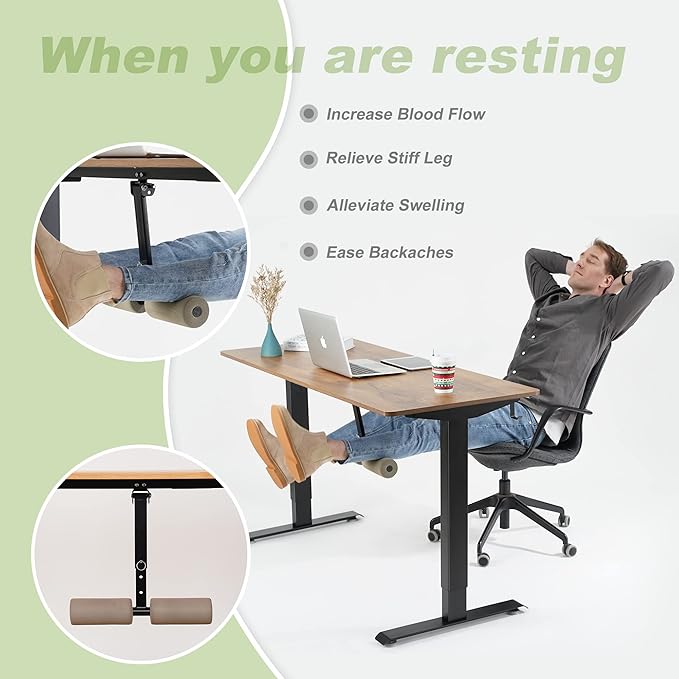 FAMISKY 55 Inch Height Adjustable Standing Desk with Foot Rest, Sit Stand Home Office Desk with Hooks, Ergonomic Workstation Black Steel Frame/Black Wood Top - LeafyLoom