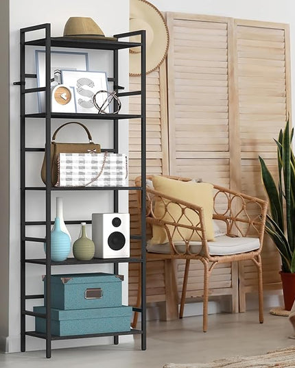 CADUKE Black Tall Bookcase 5 Tier Book Shelf for Bedroom Industrial Bookshelf with Storage Book Shelves for Kids Room Standing Office Bookshelves and Bookcases for Bedroom Living Room - LeafyLoom
