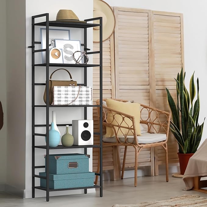 CADUKE Black Tall Bookcase 5 Tier Book Shelf for Bedroom Industrial Bookshelf with Storage Book Shelves for Kids Room Standing Office Bookshelves and Bookcases for Bedroom Living Room - LeafyLoom