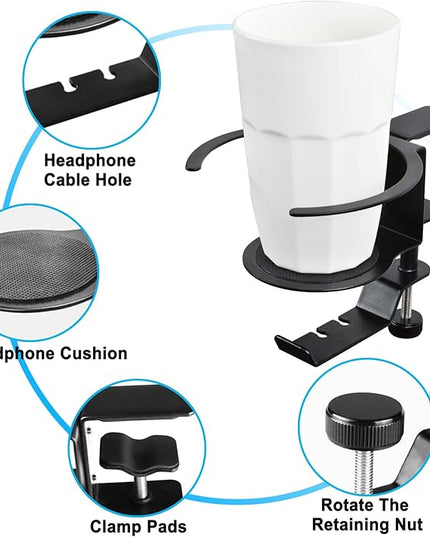 Desk Cup Holder, 2-in-1 Adjustable & 360° Rotating Office Gaming Desk Accessories for Under Desk Headphone Stand Hanging Headset, Holding Coffee Mug, Drinks, Water Bottle – Black - LeafyLoom