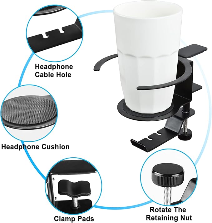 Desk Cup Holder, 2-in-1 Adjustable & 360° Rotating Office Gaming Desk Accessories for Under Desk Headphone Stand Hanging Headset, Holding Coffee Mug, Drinks, Water Bottle – Black - LeafyLoom