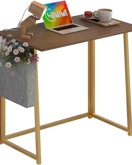 4NM 31.5" Small Desk with Storage Bag, Simple Assembly Folding Computer Desk Home Office Desk Study Writing Table for Small Space Offices - Brown and Golden - LeafyLoom