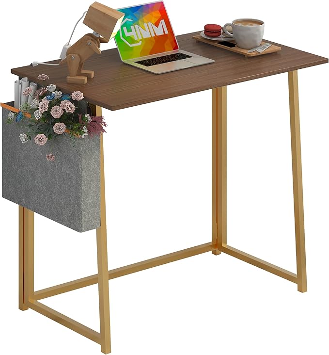 4NM 31.5" Small Desk with Storage Bag, Simple Assembly Folding Computer Desk Home Office Desk Study Writing Table for Small Space Offices - Brown and Golden - LeafyLoom