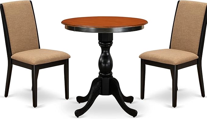 East West Furniture ESLA3-BCH-47 Eden 3 Piece Modern Dining Set Contains a Round Wooden Table with Pedestal and 2 Light Sable Linen Fabric Upholstered Chairs, 30x30 Inch, Black & Cherry - LeafyLoom