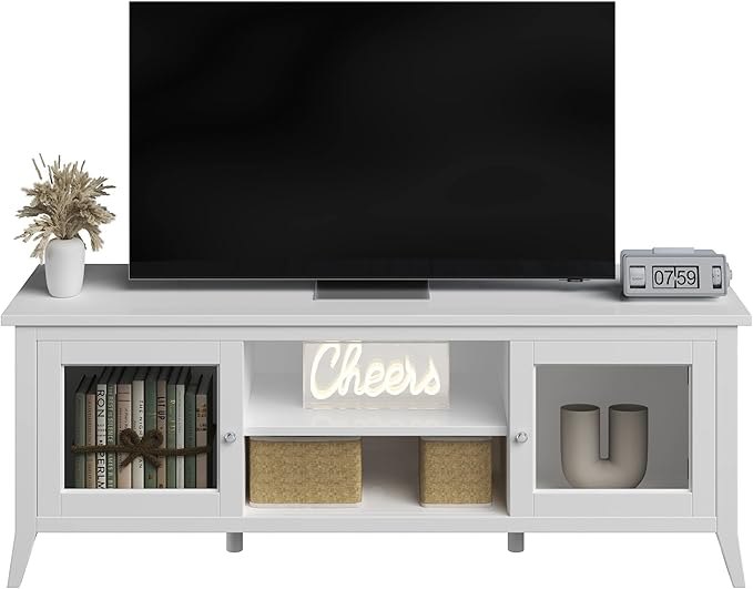 Lavish Home TV Stand-55-inch Storage Cabinet with 2 Cubbies and 2 Shelves-Entertainment Center for Living Room, Bedroom, or Entryway, 55", White - LeafyLoom