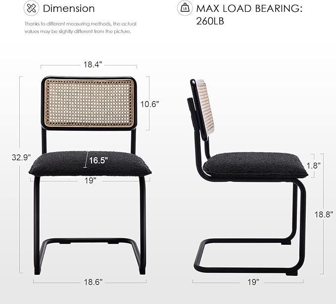 Zesthouse Rattan Dining Chairs Set of 4, Upholstered Boucle Kitchen Chairs, Mid Century Modern Breuer Designed Chairs, Armless Accent Chairs with Natural Cane Back & Stainless Chrome Base - LeafyLoom