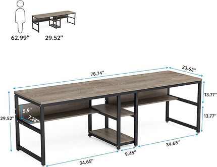 Tribesigns Two Person Desk with Bookshelf, 78.7 Computer Office Double Desk for Two Person, Rustic Writing Desk Workstation with Shelf for Home Office (Grey) - LeafyLoom