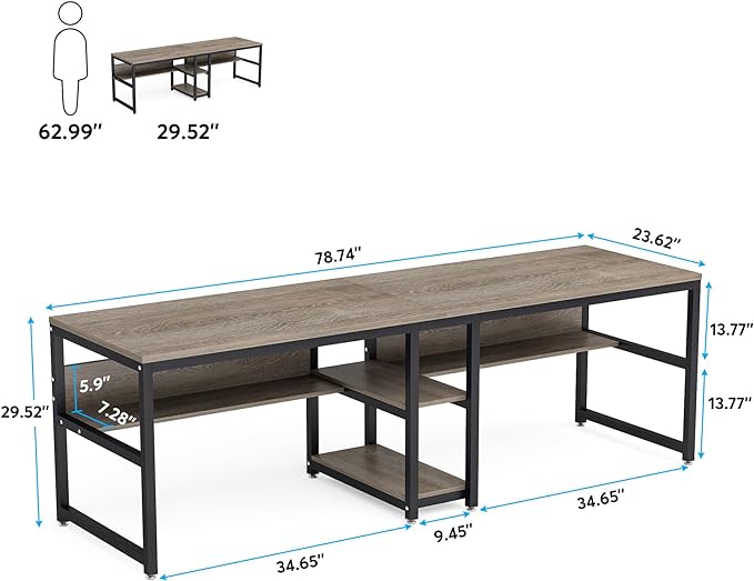 Tribesigns Two Person Desk with Bookshelf, 78.7 Computer Office Double Desk for Two Person, Rustic Writing Desk Workstation with Shelf for Home Office (Grey) - LeafyLoom