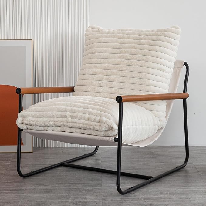 MAXYOYO Accent Chair, Sherpa Arm Chair for Living Room, Mid Century Modern Accent Chairs, Boucle Reading Bedroom Chair, Teddy Armchair, Wooden Arms Metal Frame - LeafyLoom