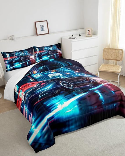 Feelyou City Racing Car Bedding Set King Size for Kids Boys Extreme Sport Games Comforter Set Teens Toddler Fast and Furious Duvet Set Cool Modern Quilt Set 3Pcs - LeafyLoom