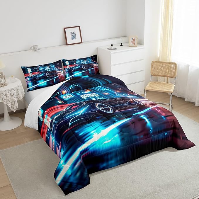 Feelyou City Racing Car Bedding Set King Size for Kids Boys Extreme Sport Games Comforter Set Teens Toddler Fast and Furious Duvet Set Cool Modern Quilt Set 3Pcs - LeafyLoom