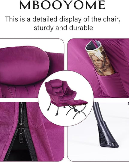 Lazy Chair with Ottoman, Modern Accent Chair Contemporary Lounge Leisure Upholstered Sofa Chair Set with Armrests, Reading Chair for Living Room, Bedroom, Office, Dark Purple - LeafyLoom