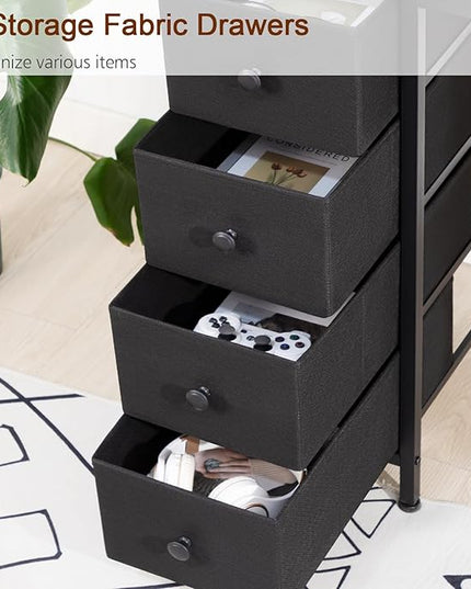 Computer Desk with LED Light & Power Outlets, 55 Inch Gaming Desk with 4 Fabric Drawers, Carbon Fiber Surface Home Office Desk with Monitor Stand with Hooks for Bedroom, HGD14CBK - LeafyLoom