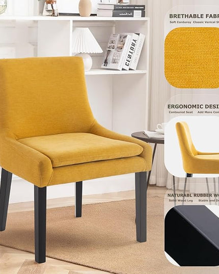 COLAMY Modern Dining Chairs Set of 2, Upholstered Corduroy Accent Side Leisure Chairs with Mid Back and Wood Legs for Living Room/Dining Room-Yellow - LeafyLoom