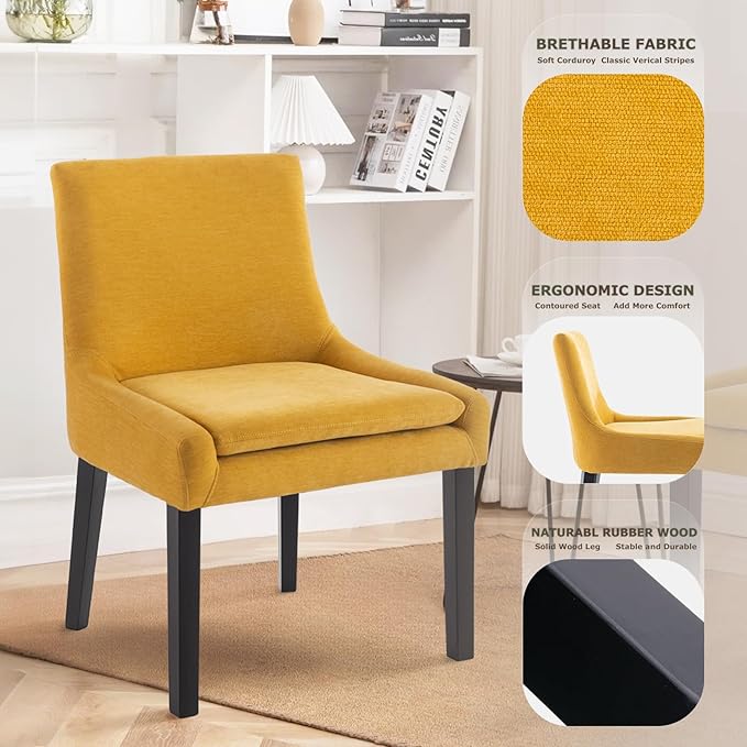 COLAMY Modern Dining Chairs Set of 2, Upholstered Corduroy Accent Side Leisure Chairs with Mid Back and Wood Legs for Living Room/Dining Room-Yellow - LeafyLoom
