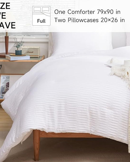 White Seersucker Comforter Set Full Size (79x90 in), 3 Pieces Soft Crinkled Textured Comforter with 2 Pillowcases, Lightweight Microfiber Down Alternative Bedding Set for All Season - LeafyLoom