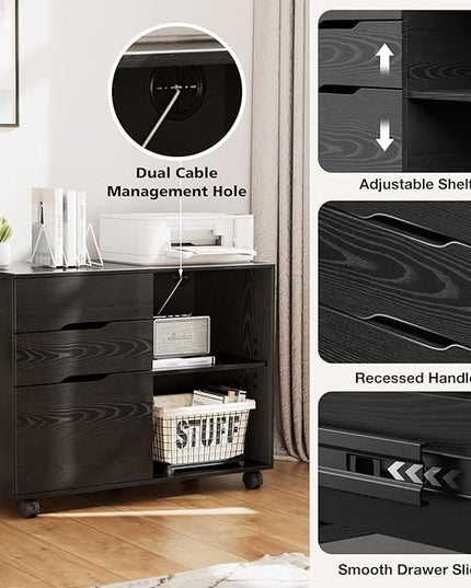 Sweetcrispy 3 Drawer File Cabinet Organizer Lateral Printer Stand Rolling Desk with Adjustable Storage Shelves for Office Home Small Space, Black Wood - LeafyLoom