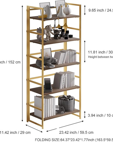 No-Assembly Folding Gold Bookshelf Storage Shelves 5 Tiers Vintage Multifunctional Plant Flower Stand Storage Rack Shelves Bookcase for Home Office - LeafyLoom
