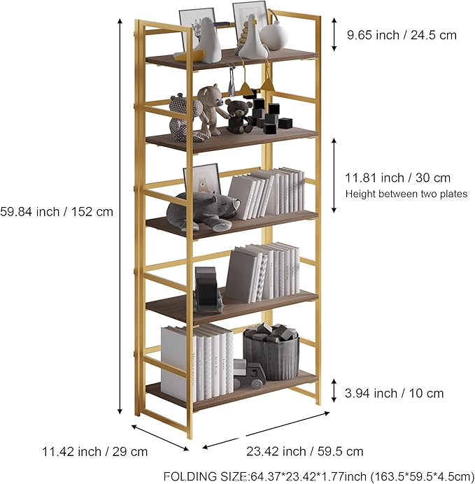 No-Assembly Folding Gold Bookshelf Storage Shelves 5 Tiers Vintage Multifunctional Plant Flower Stand Storage Rack Shelves Bookcase for Home Office - LeafyLoom