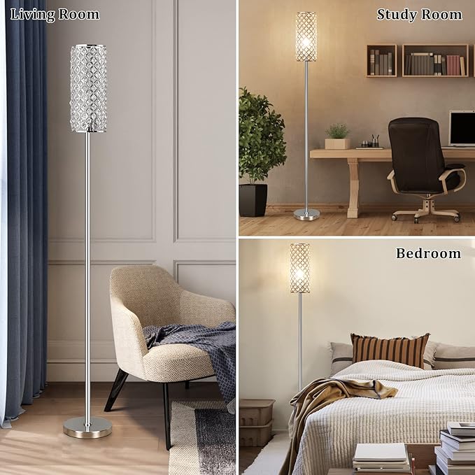 Crystal Floor Lamp with Bulb for Girls Bedroom Silver, Living Room, Modern Tall Glam Minimalism Pole Corner Standing Light for office, Dorm Hotel - LeafyLoom