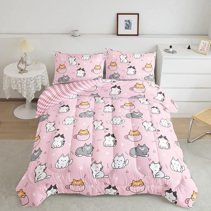 Datura home Pink Kawaii Cat Comforter Bedding Set for Girls Lovely Kitten Print Cute Animal Pattern with 1 and 2 Pillowcases Bedroom All Season(Cat Twin), Twin 68x86inches - LeafyLoom