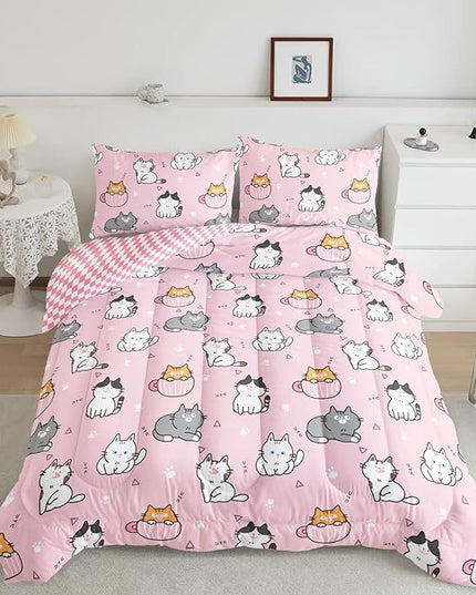 Datura home Pink Kawaii Cat Comforter Bedding Set for Girls Lovely Kitten Pink Print Cute Animal Pattern Bedding Set with 1 Comforter and 2 Pillowcases for Girls Bedroom All Season(Cat Pink Full) - LeafyLoom