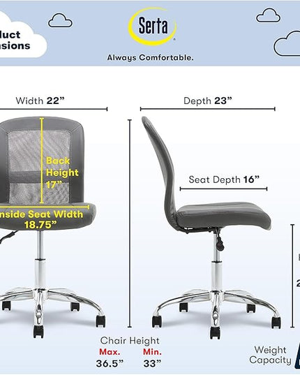 Serta Essential Armless Desk Chair Small TaskChair with Wheels, Breathable Mesh Back, SertaQuality Foam Cushion Seat for Comfort, Functional, Lightweight and Versatile, Task, Gray - LeafyLoom