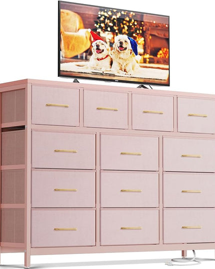 ODK Dresser with Charging Station, 57-Inch Long Dresser TV Stand for Bedroom, Large Dresser with 13 Storage Drawers, Chest of Drawers Easy-Pull Fabric Dressers for Living Room, Pink - LeafyLoom