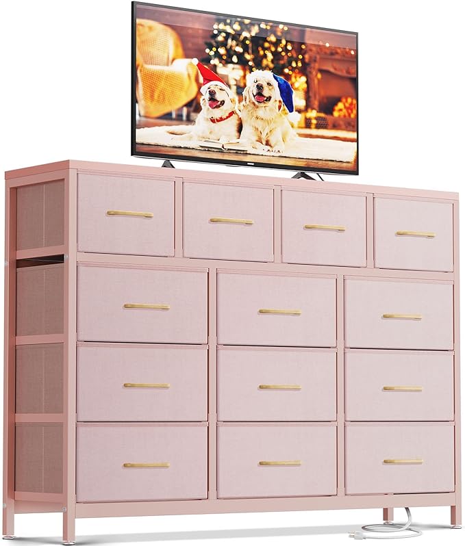 ODK Dresser with Charging Station, 57-Inch Long Dresser TV Stand for Bedroom, Large Dresser with 13 Storage Drawers, Chest of Drawers Easy-Pull Fabric Dressers for Living Room, Pink - LeafyLoom