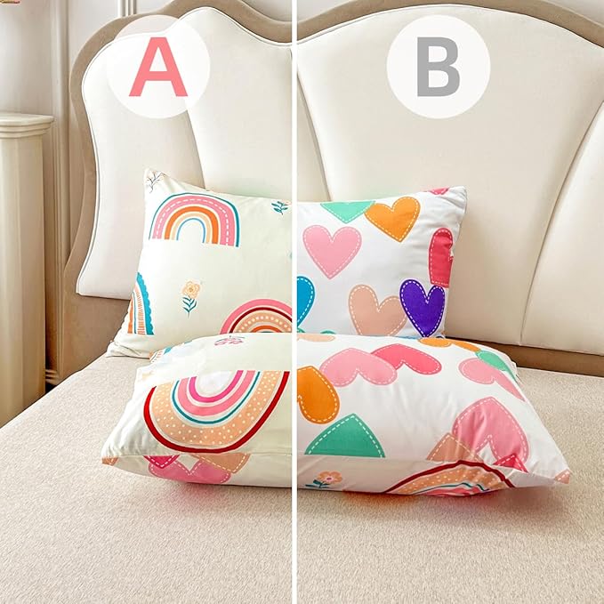 Btargot Lightweight Soft 3 Piece Rainbow Comforter Set with 2 Pillow Covers, Cartoon Love Hearts Flowers and Grass Bedding Set for Girls Boys Kids, Queen Multi-Color - LeafyLoom