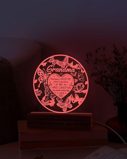 Grandma Gifts from Grandchildren, to My Grandma Night Light, Mothers Day Birthday Christmas Butterfly Gifts for Grandmother, Lamp with Wooden Base for Women, Gifts Bedroom Décor - LeafyLoom