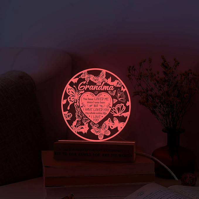 Grandma Gifts from Grandchildren, to My Grandma Night Light, Mothers Day Birthday Christmas Butterfly Gifts for Grandmother, Lamp with Wooden Base for Women, Gifts Bedroom Décor - LeafyLoom
