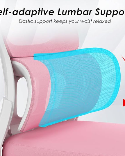 Soohow Ergonomic Home Office Chair, Mesh Desk Chair with Lumbar Support, Comfy Computer Desk Chair with Flip Armrest Rolling Wheels, Pink. - LeafyLoom