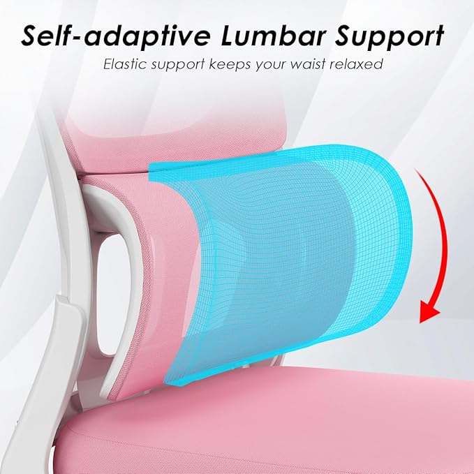 Soohow Ergonomic Home Office Chair, Mesh Desk Chair with Lumbar Support, Comfy Computer Desk Chair with Flip Armrest Rolling Wheels, Adjustable Headrest, Pink. - LeafyLoom
