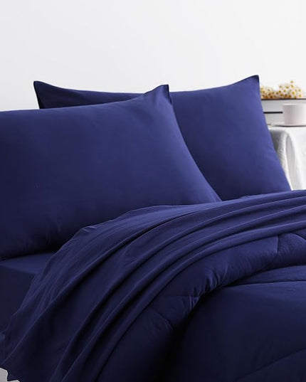 NTBAY Twin Comforter Set with Sheets, 5 Pieces Soft and Breathable Twin Bedding Set, Twin Bed in a Bag, Down Alternative Comforter Set Solid Color All Season, Kids Bedding Set, Navy Blue - LeafyLoom