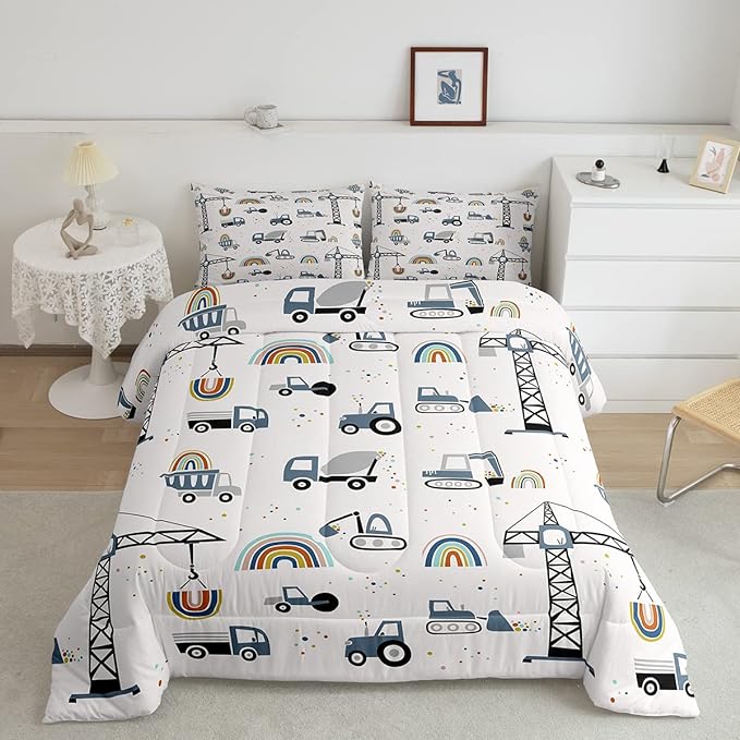 Toddler Cute Cars Bedding Set Cartoon Excavator Kids Comforter Set Boys Construction Vehicles Comforter Equipment Trucks Duvet Set Rainbow Room Decor Tractor Quilt Set Twin Size With 1 Pillow Case - LeafyLoom