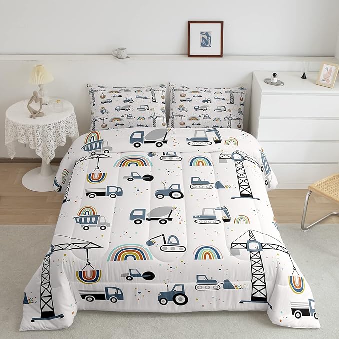 Toddler Cute Cars Bedding Set Cartoon Excavator Kids Comforter Set Boys Construction Vehicles Comforter Equipment Trucks Duvet Set Rainbow Room Decor Tractor Quilt Set Queen Size With 2 Pillow Case - LeafyLoom