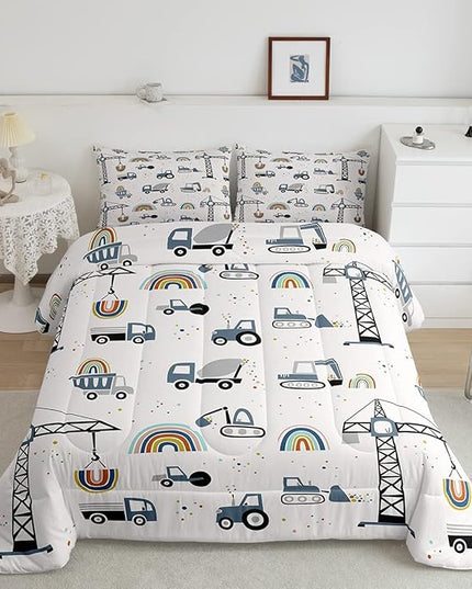 Cute Cars Bedding Set Kids Cartoon Excavator Comforter for Boys Girls Machinery Bulldozer Crane Comforter Set Colorful Rainbow Construction Site Duvet Set Room Decor Quilt Full Size Boys - LeafyLoom