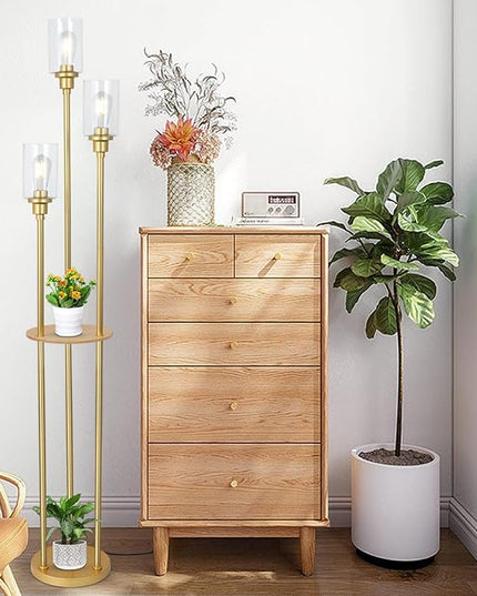 HMVPL Floor Lamps for Living Room, Gold Floor Lamp with Shelves, 3-Lights Modern Brass Standing Lamp with Glass Shades, On/Off Foot Switch, Mid Century Tall Lamp for Bedroom Corner Office(66") - LeafyLoom