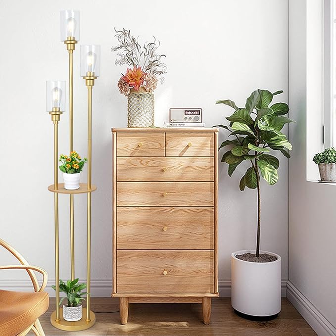 HMVPL Floor Lamps for Living Room, Gold Floor Lamp with Shelves, 3-Lights Modern Brass Standing Lamp with Glass Shades, On/Off Foot Switch, Mid Century Tall Lamp for Bedroom Corner Office(66") - LeafyLoom