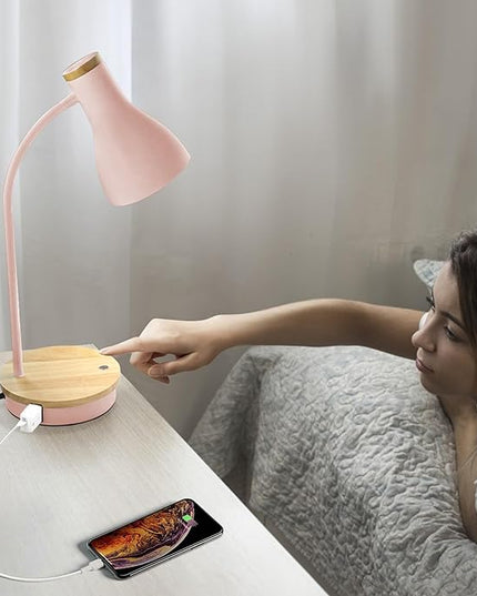 Metal Desk Lamp Touch Reading Lights Table Lamp Arc Desk Lamps for Bedroom, 3 Way Dimmable Bedside Lamp with USB Charging Ports, Reading Lamp for Study Room and Office (Pink-02) - LeafyLoom