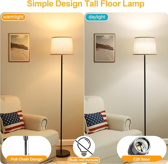 Floor Lamp for Living Room, Modern Standing Lamps with Linen Shade, Simple Design Pole Lamps Tall Floor Lamp for Bedroom, Bulb not Included - LeafyLoom